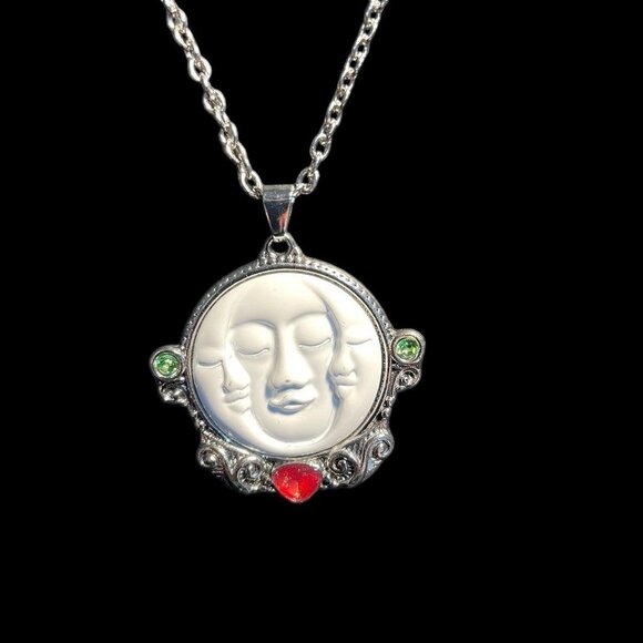 Moon Face Necklace & Ring Sz 7 Set Carved Celestial Boho Spiritual Jewelry - Picture 7 of 9